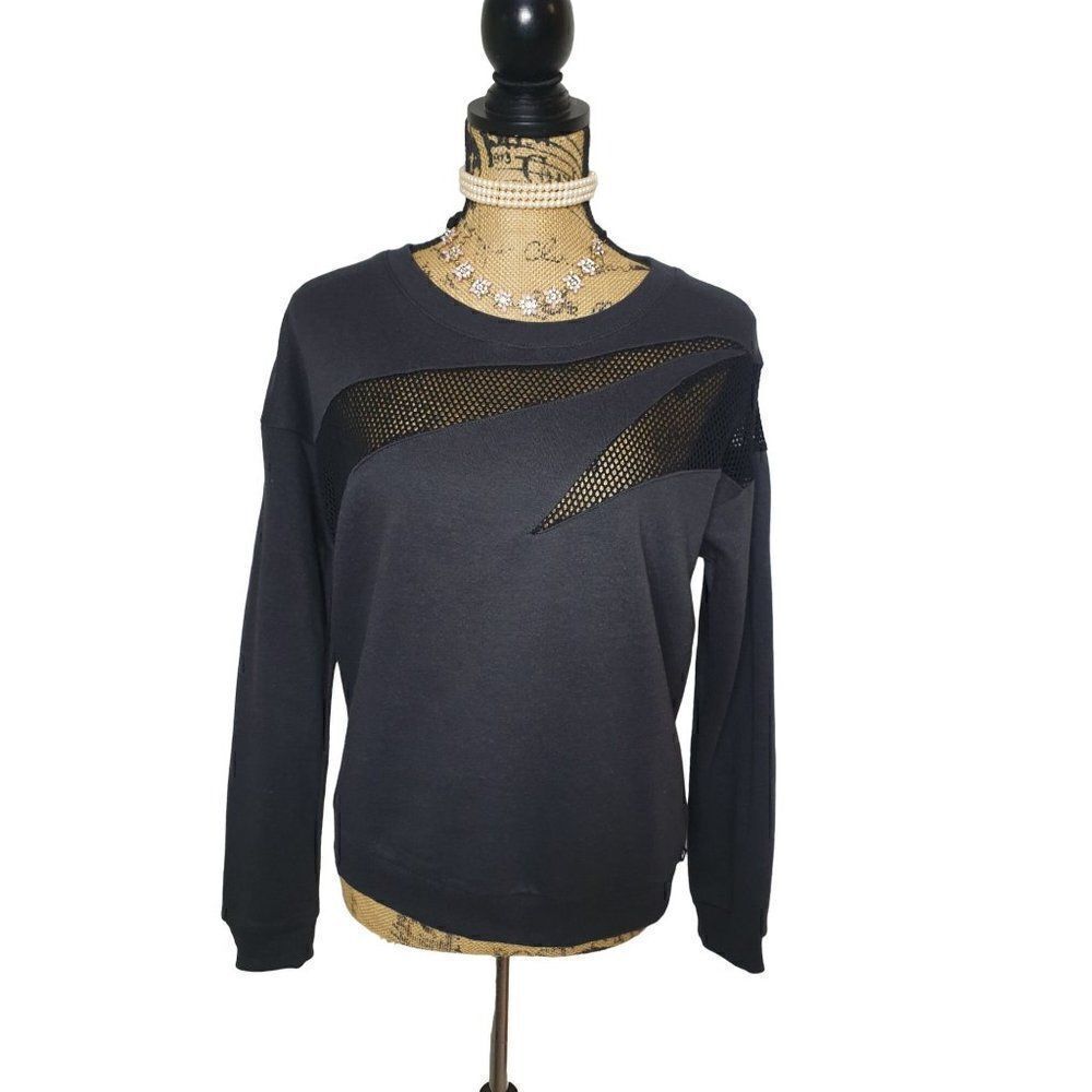 Fabletics Women's Agon Sweatshirt Medium Black Mesh Accent Pullover Sz 8 NWT